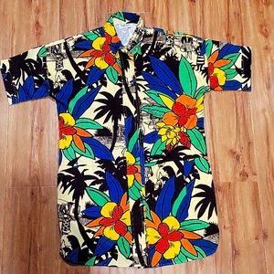 Vintage 80s Hawaiian Surf Line Floral Shirt Dress